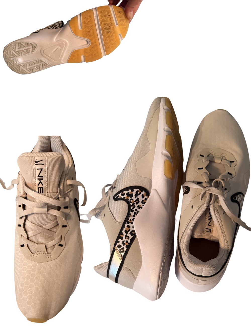Nike Women’s Cream Sneakers with Leopard-Print Swoosh
